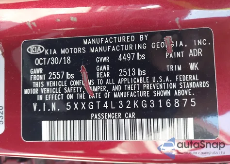 2019 Kia Optima S z USA, uszkodzony, nr VIN 5XXGT4L32KG316875